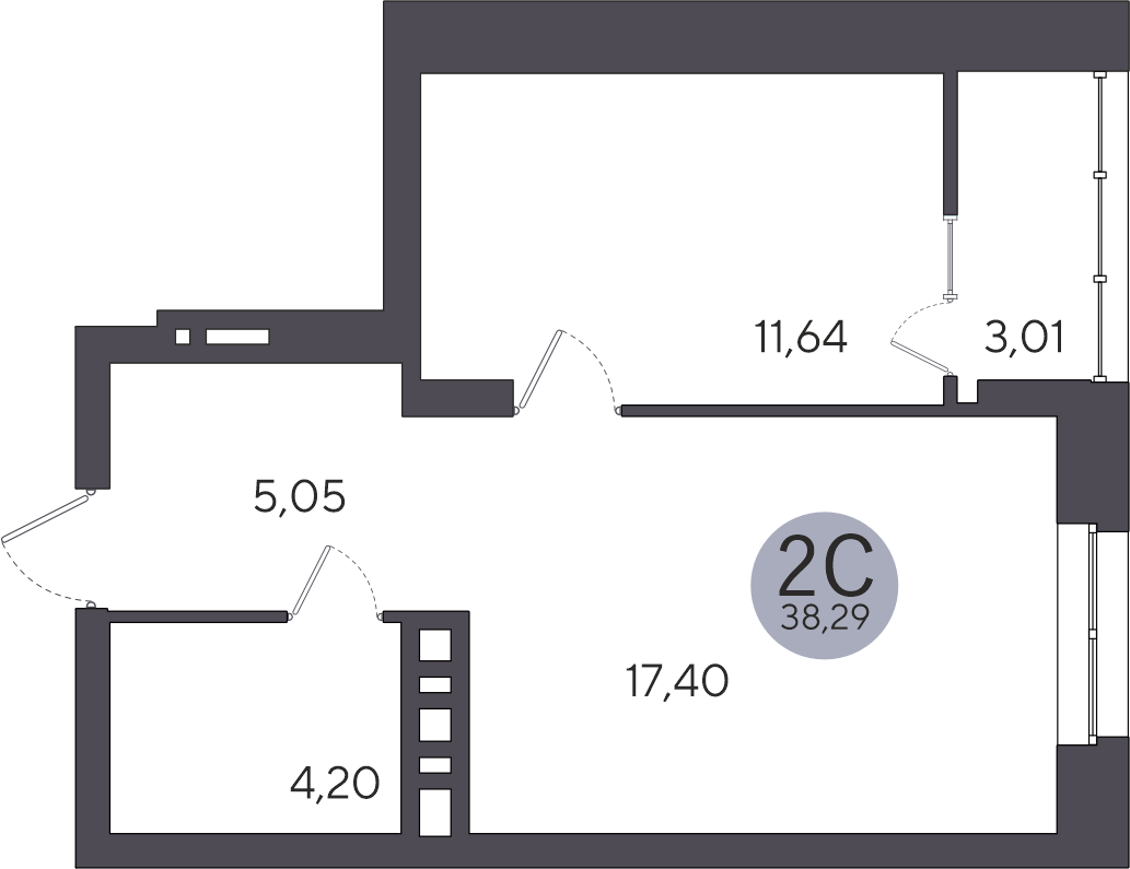 2-комнатная квартира 38.29м2 ЖК Ясный берег