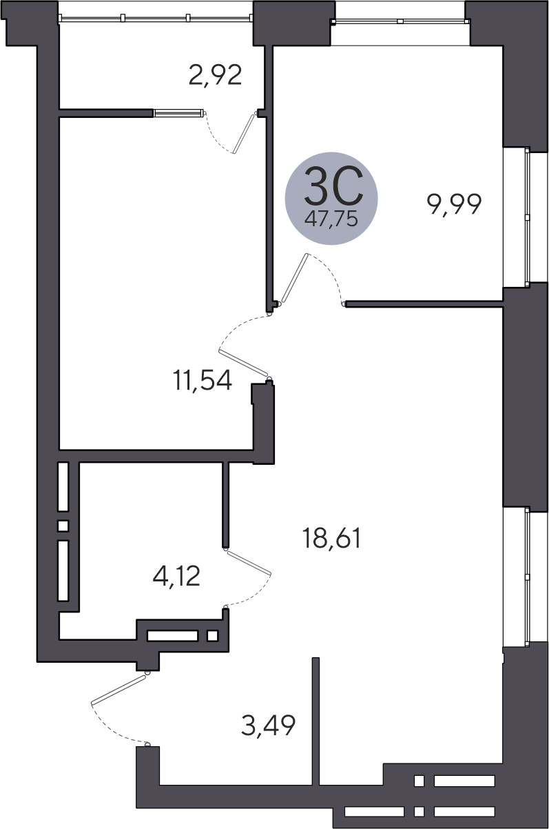 3-комнатная квартира 47.75м2 ЖК Ясный берег