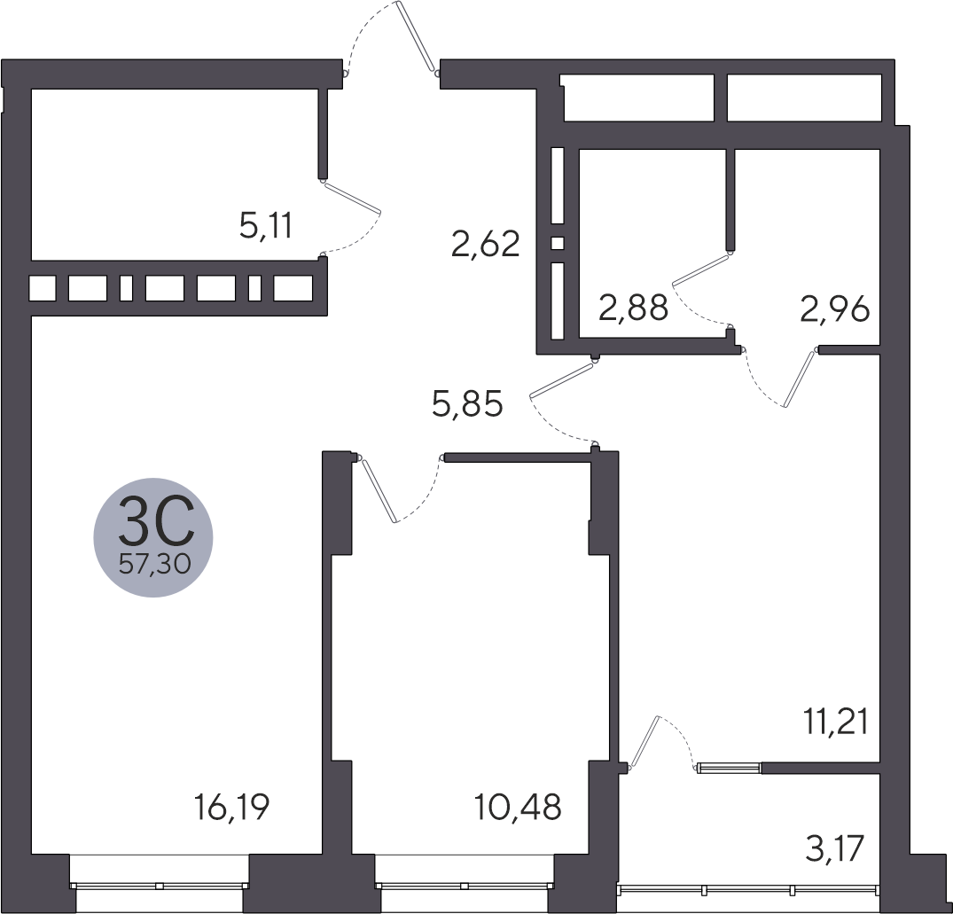 3-комнатная квартира 57.3м2 ЖК Ясный берег