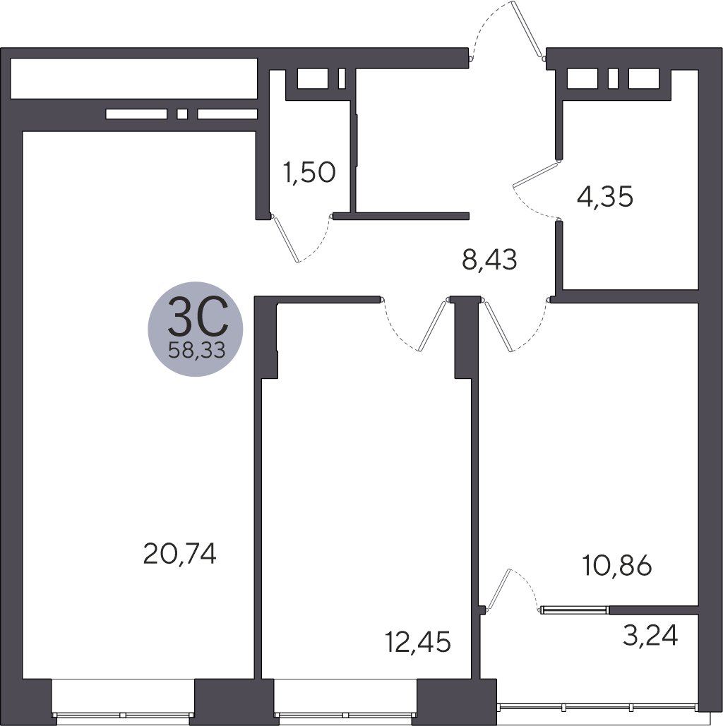3-комнатная квартира 58.33м2 ЖК Ясный берег