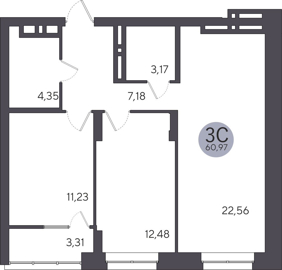 3-комнатная квартира 60.97м2 ЖК Ясный берег