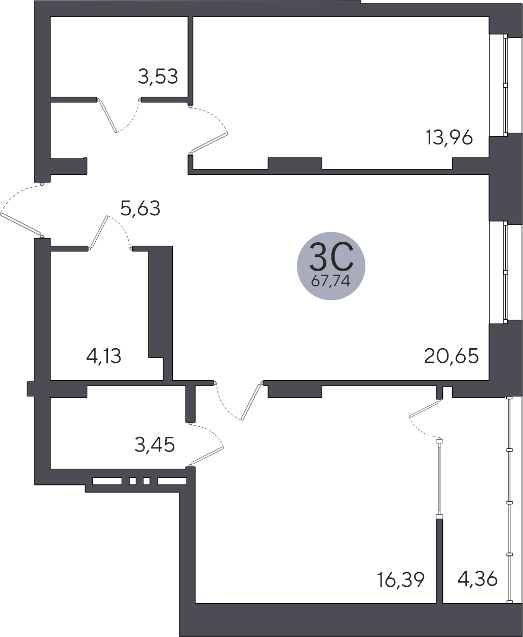 3-комнатная квартира 67.74м2 ЖК Ясный берег