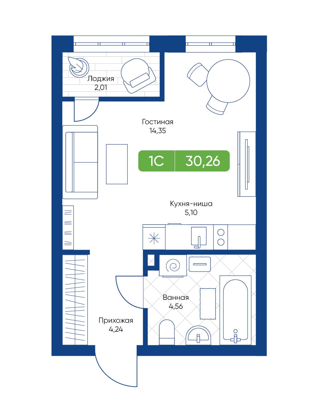 1-комнатная квартира 30.26м2 ЖК Биография