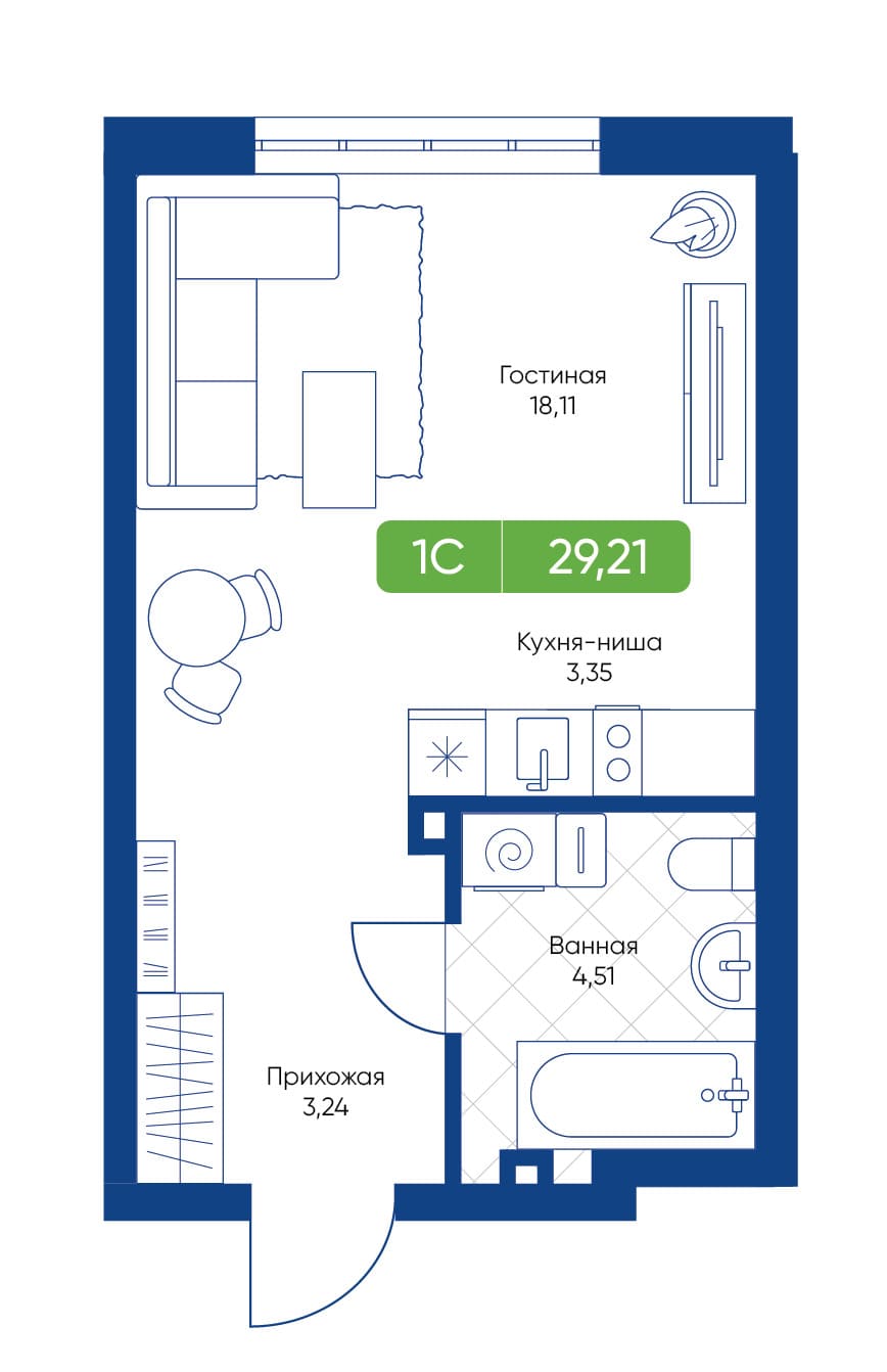 1-комнатная квартира 29.21м2 ЖК Биография