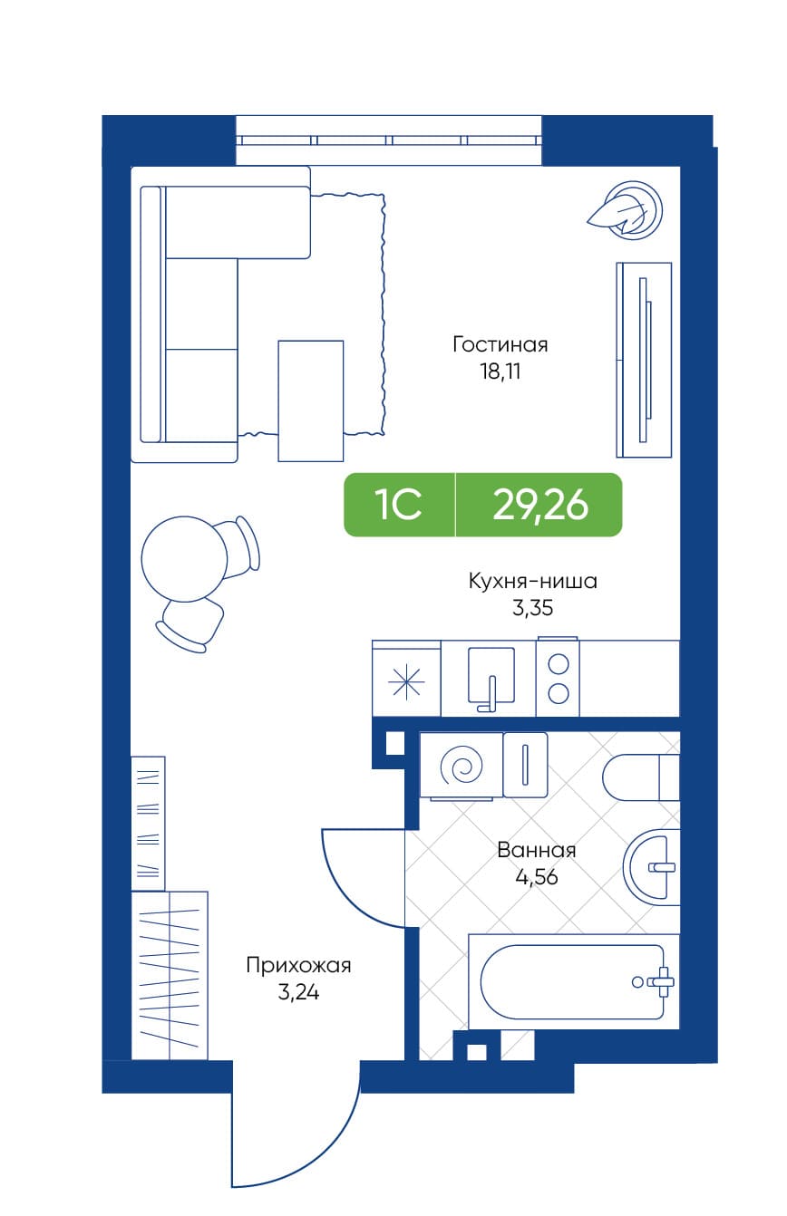 1-комнатная квартира 29.26м2 ЖК Биография