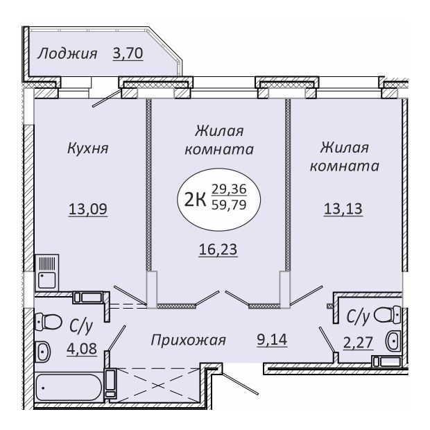 2-комнатная квартира 59.79м2 ЖК Комета-Октябрьский