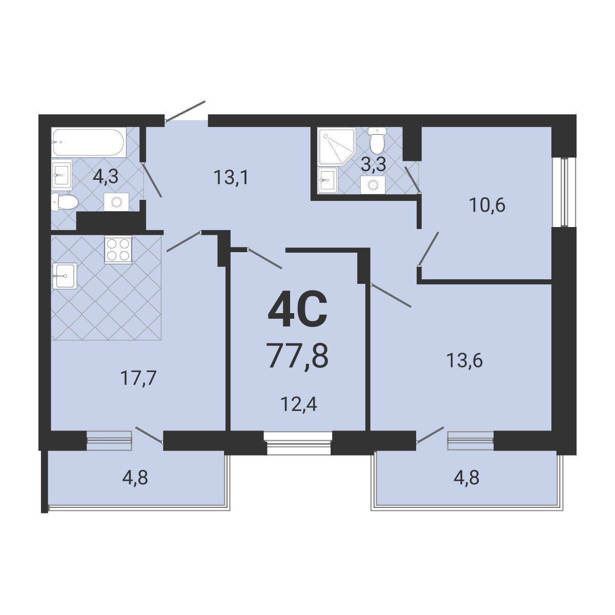 4-комнатная квартира 77.6м2 ЖК Тетрис