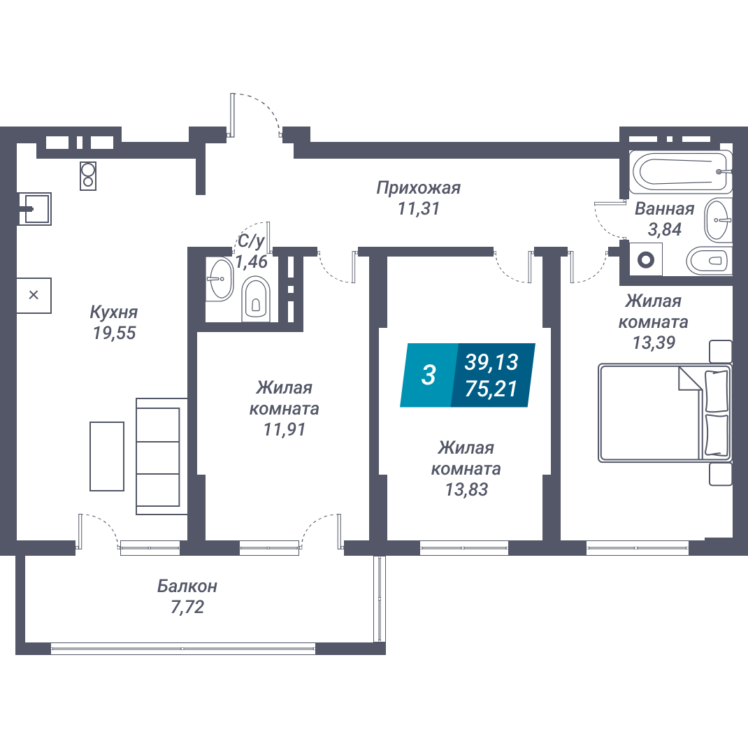 3-комнатная квартира 75.21м2 ЖК Звезда