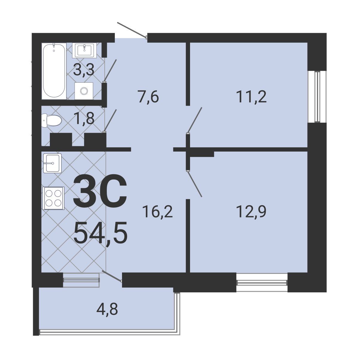 3-комнатная квартира 54.8м2 ЖК Тетрис