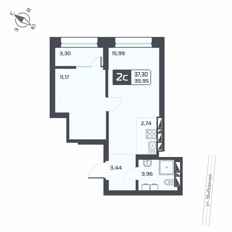 2-комнатная квартира 38.95м2 ЖК Астон Геометрия