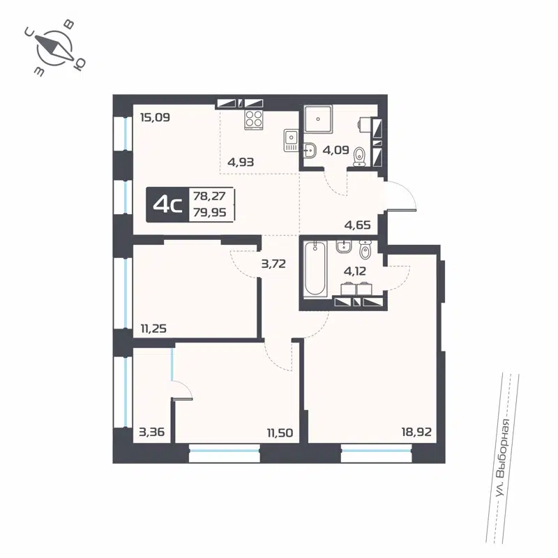 4-комнатная квартира 79.95м2 ЖК Астон Геометрия