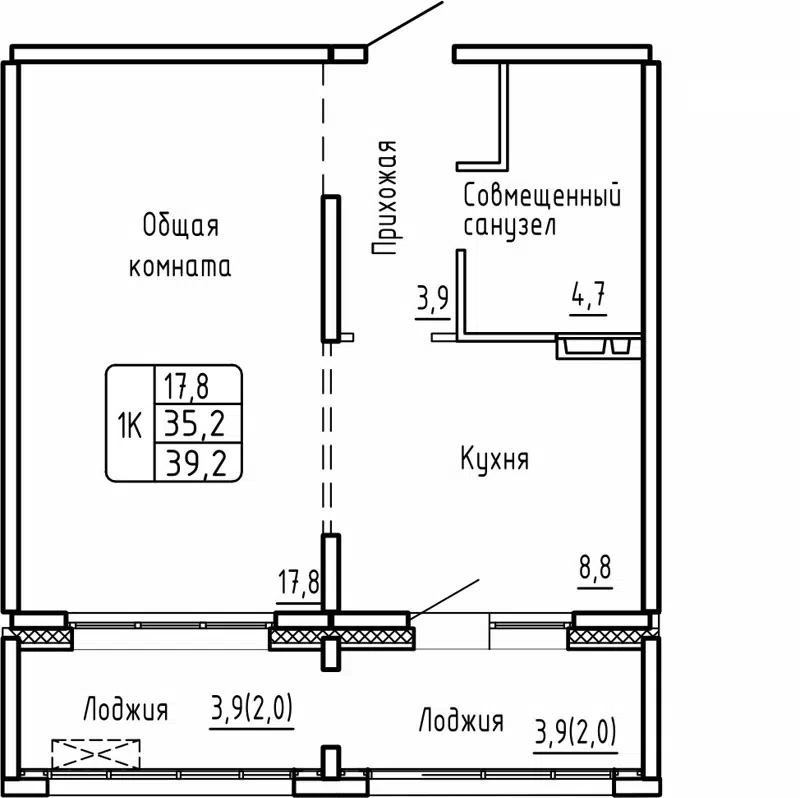 1-комнатная квартира 39.1м2 ЖК Самоцветы