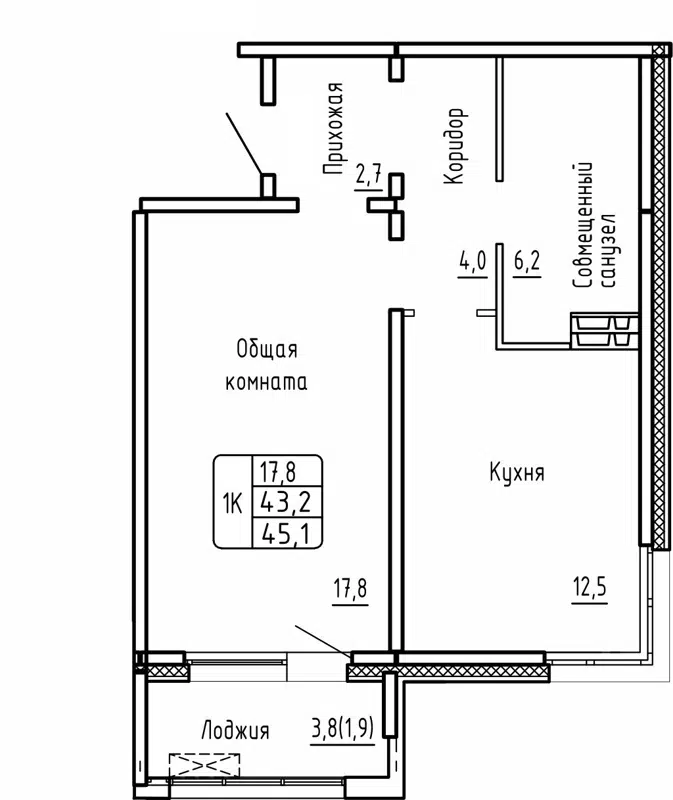 1-комнатная квартира 45.1м2 ЖК Самоцветы