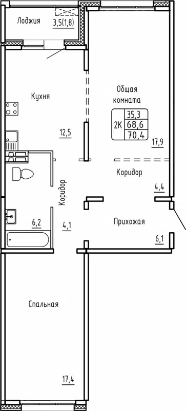 2-комнатная квартира 70.4м2 ЖК Самоцветы