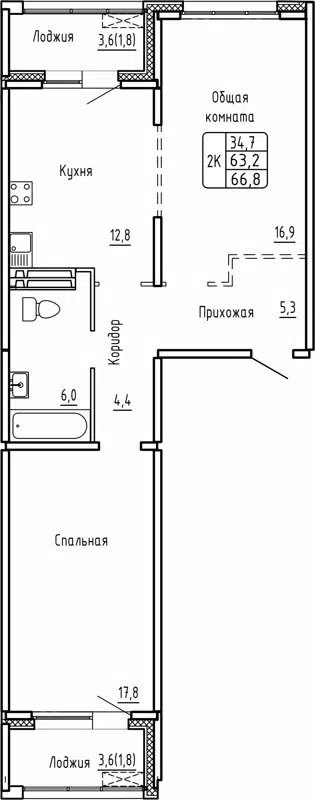 2-комнатная квартира 66.8м2 ЖК Самоцветы