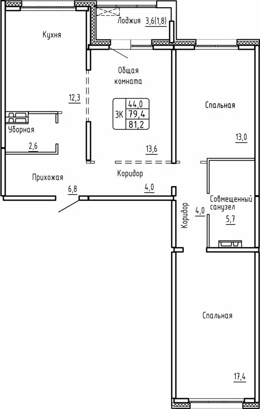 3-комнатная квартира 81.2м2 ЖК Самоцветы