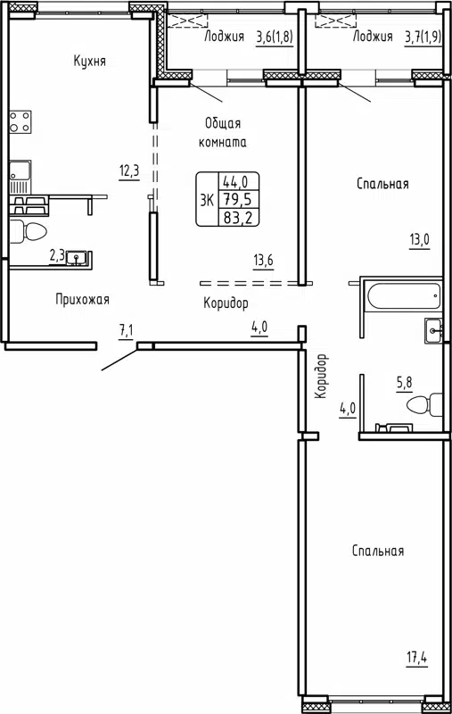 3-комнатная квартира 83.2м2 ЖК Самоцветы