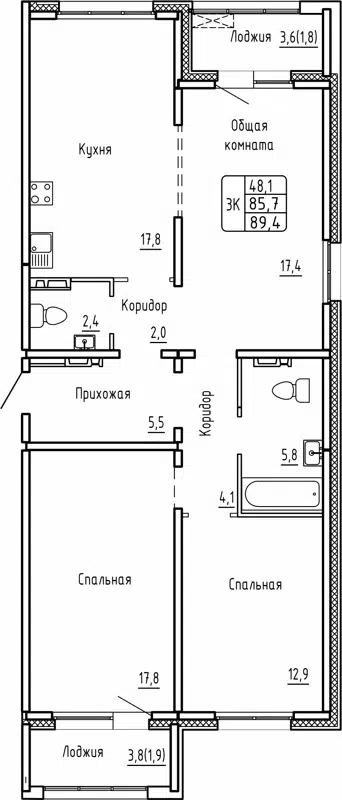3-комнатная квартира 89.4м2 ЖК Самоцветы