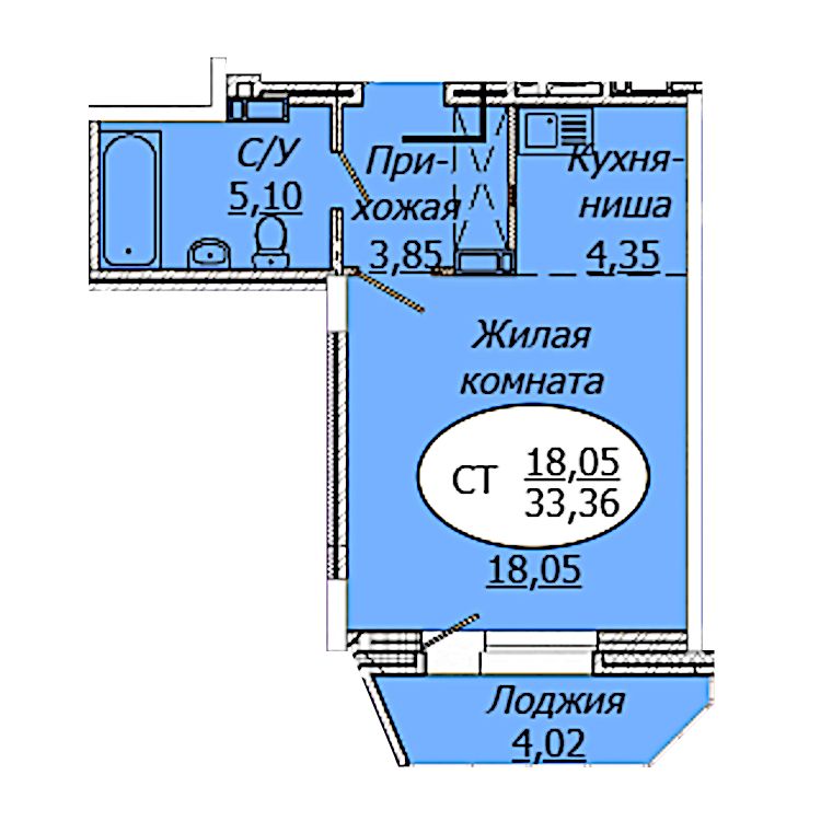 Студия 33.36м2 ЖК Комета-Октябрьский