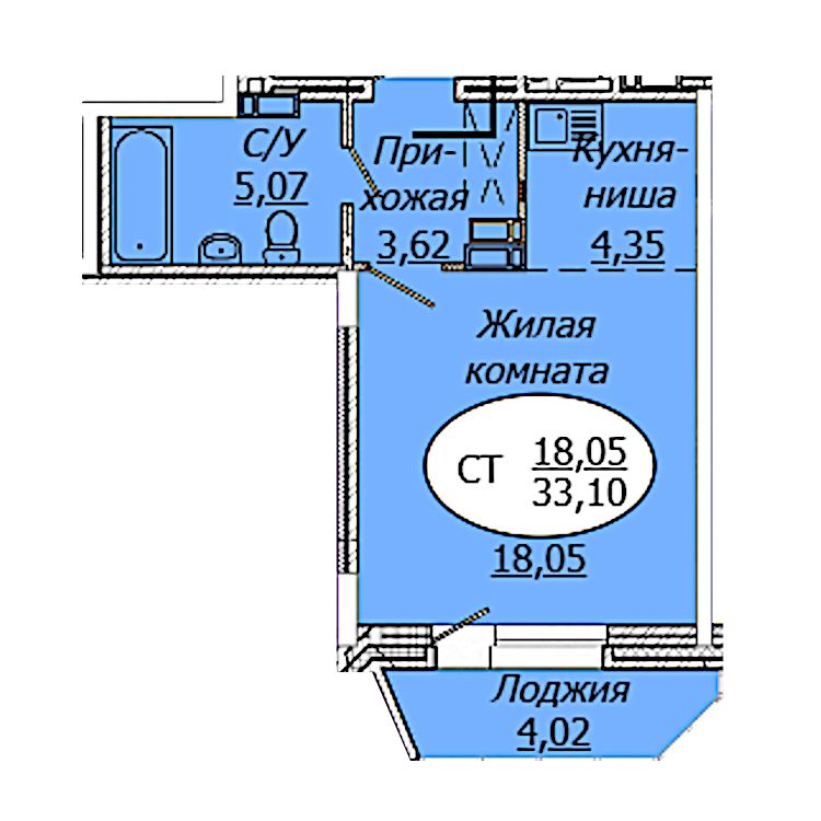 Студия 33.1м2 ЖК Комета-Октябрьский