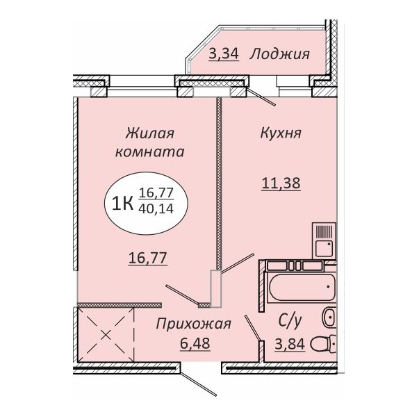 1-комнатная квартира 40.14м2 ЖК Комета-Октябрьский
